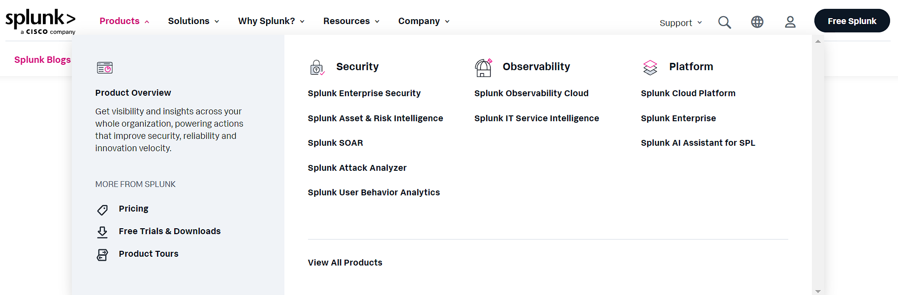 Splunk product page