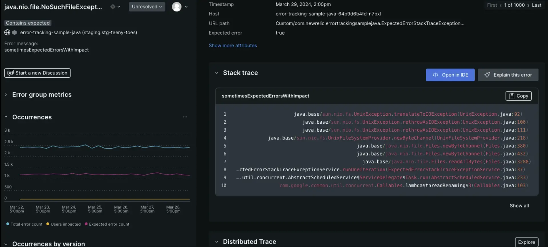 New Relic page showing error details