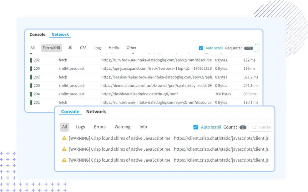 Console logs & Network Data